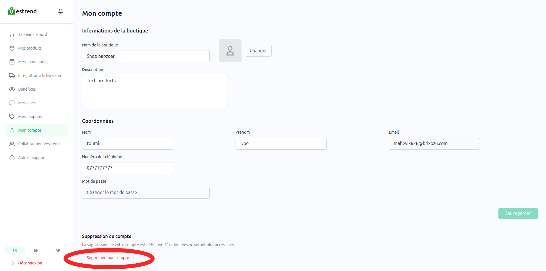 Bouton de suppression du compte vendeur